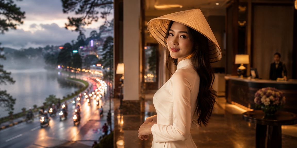 Người phụ nữ đội nón lá tại Đà Lạt kiểm tra tài khoản và ưu đãi nạp tiền trên điện thoại