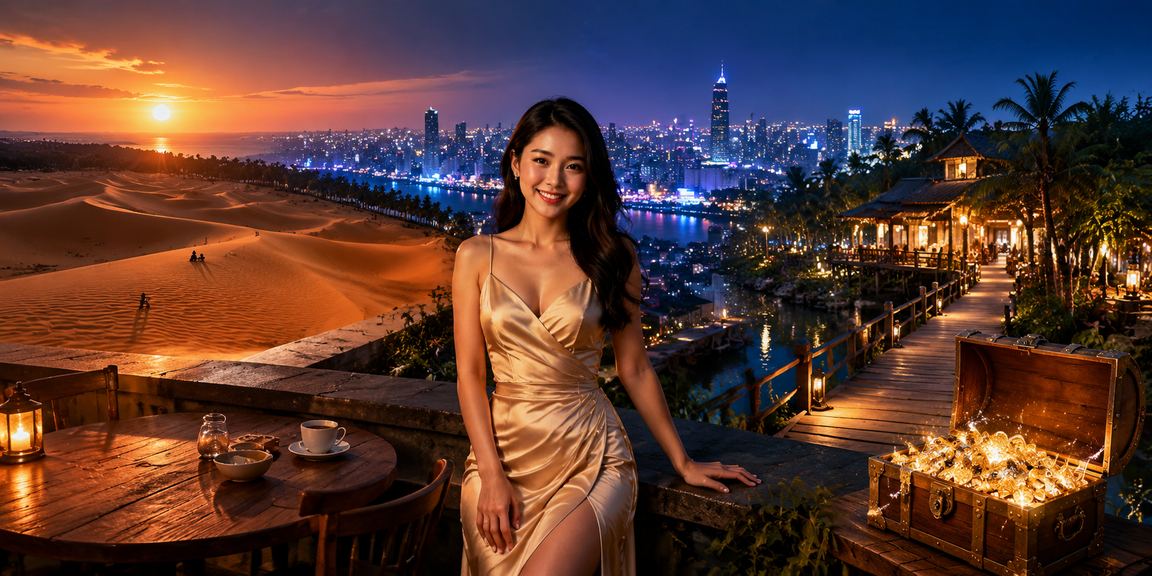 Người dùng tại Mũi Né uống cà phê và kiểm tra tài khoản re88 trên điện thoại bên bờ biển