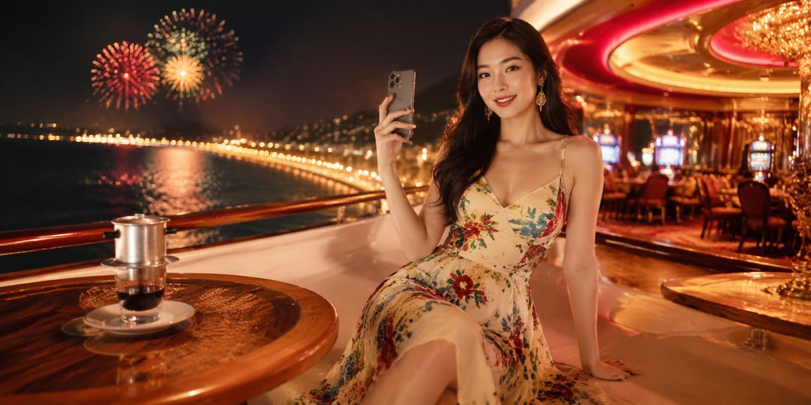 Người dùng tại Mũi Né đăng nhập tài khoản casino trực tuyến trên điện thoại trong quán cà phê
